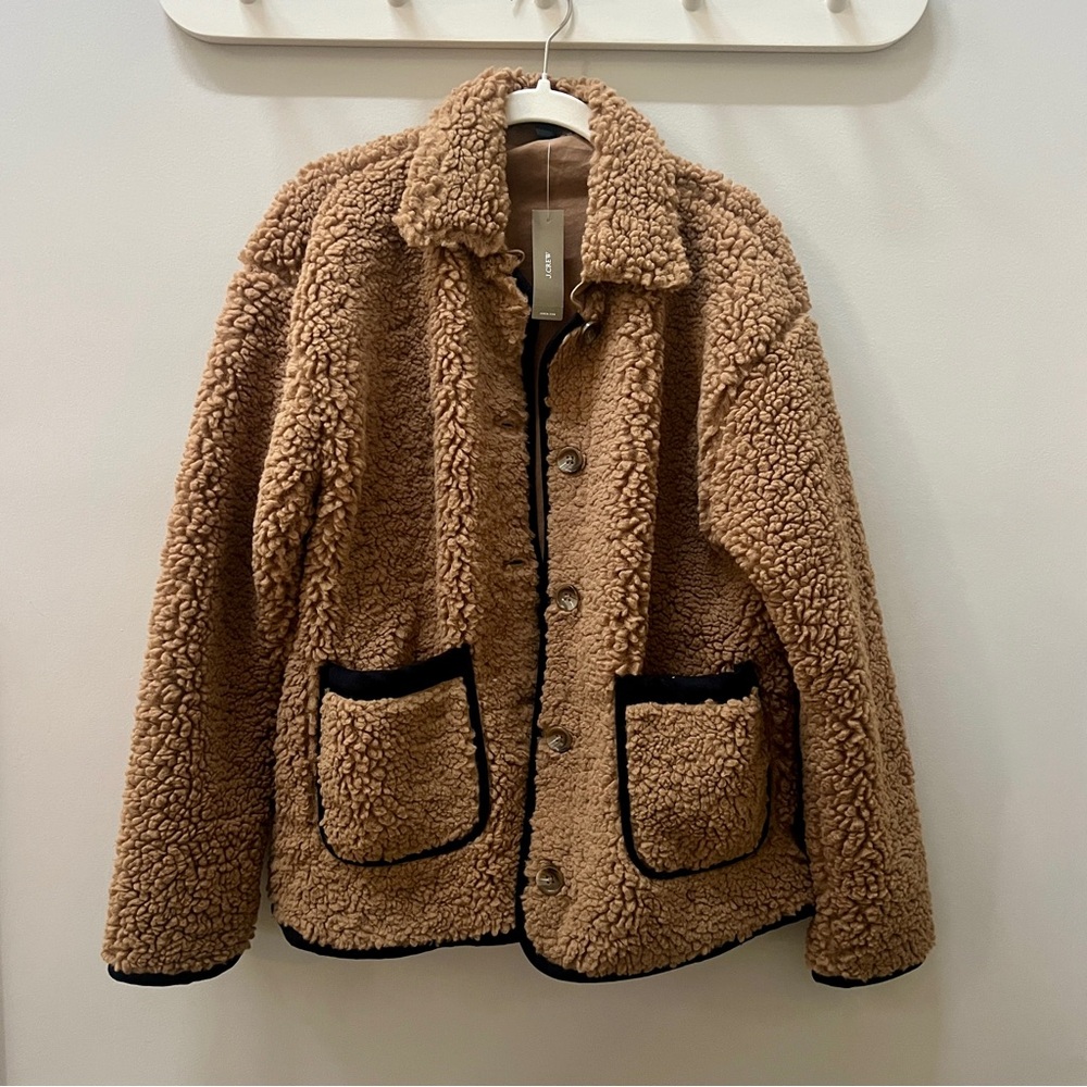 J. Crew Teddy Sherpa Jacket in Camel with Black Trim